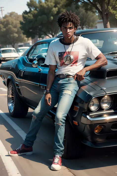 Black teenage boy driving a 1969 dodge challenger