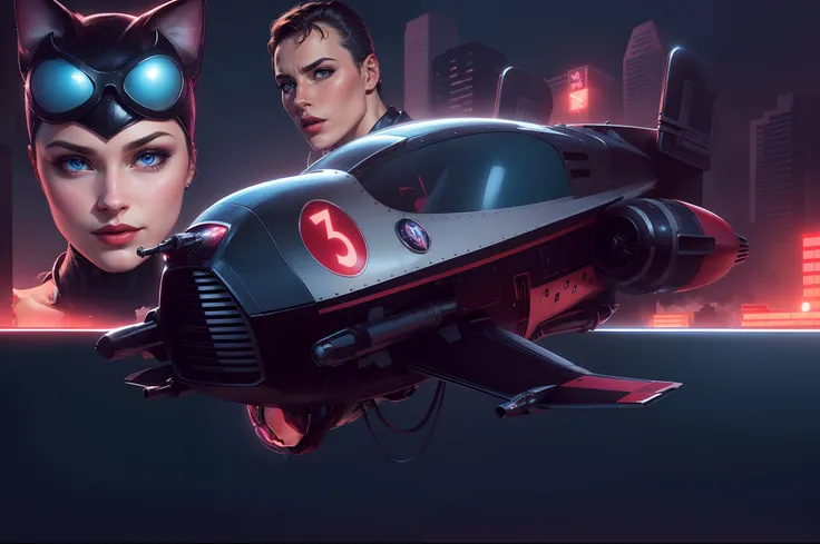 Uma pequena nave voadora em primeiro plano, Behind is the gorgeous catwoman with blue eyes and red lipstick, Further back, a handsome young male pilot and the background buildings of a futuristic city at dusk with neon lights