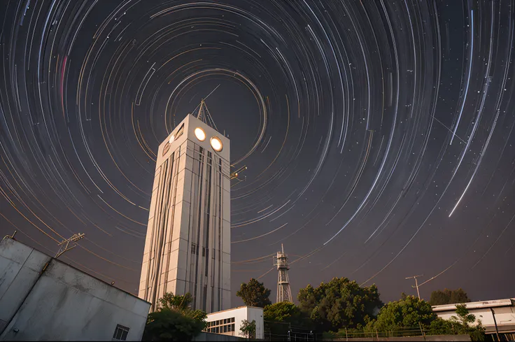 a very detailed photography of a concrete and metal tower, a metal antenna on top emits circular radio waves, hyperrealistic