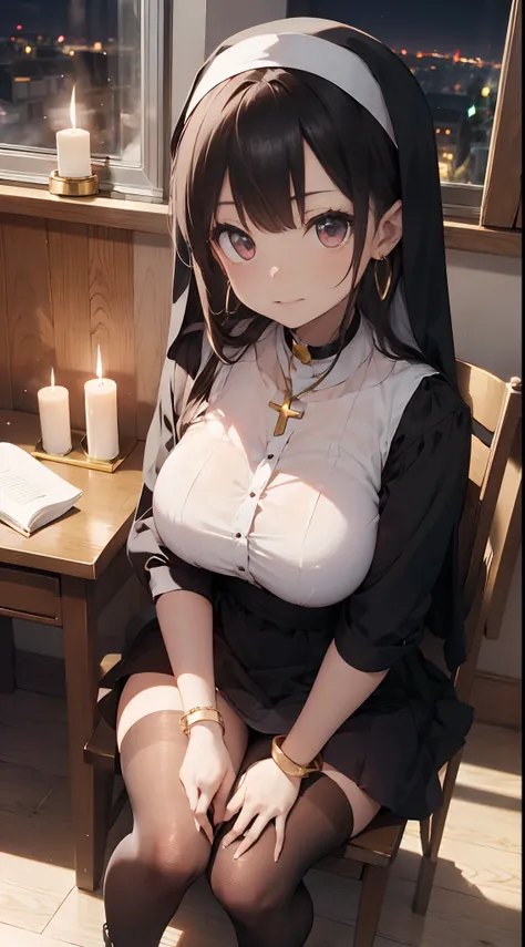 （tmasterpiece，best qualtiy），solo person， Personal focus， Black color hair， inside in room，(lewd nun) ， long whitr hair， window， a pink eyes，（chies）， waxy candles， looking at viewert， standing on your feet，(Gold-tone high heels)，White panty hose，Translucent...