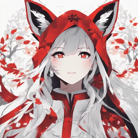 (fundo branco:1.4), (Silhouette of the head of a girl with fox ears, cabelos negros, olhos fechados, cabelos negros longos, with very elegant red coat and with pudôr, cabelo preto roupa de maga, O Deus Original), (anime illustration:1.3，japanesepopartstyle...