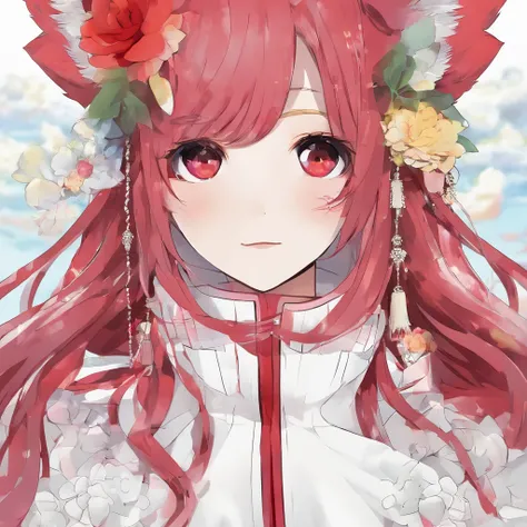 (fundo branco:1.4), (Silhouette of the head of a girl with fox ears, cabelos negros, olhos fechados, cabelos negros longos, with very elegant red coat and with pudôr, cabelo preto roupa de maga, O Deus Original), (anime illustration:1.3，japanesepopartstyle...