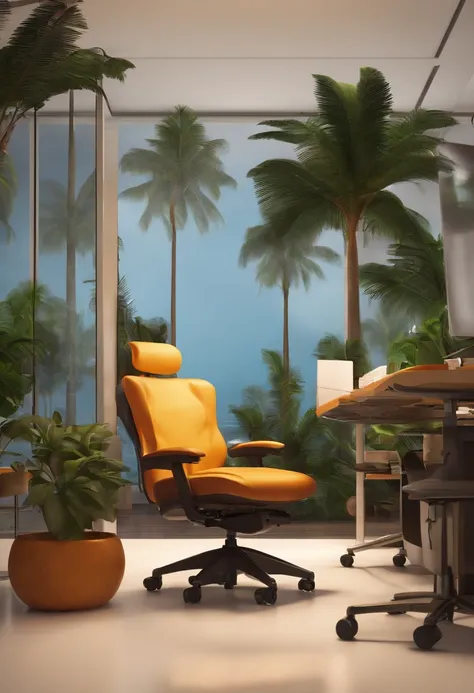 Use this chair, the person on it straightens his back, this is an office, palm trees are visible from the office. People work on computers, but they are not computers, computer desks.