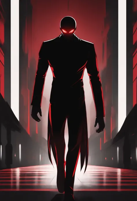 humanoid shaped shadow + Glowing Light Red Eyes + Red Background + Black Random Stripes + mob psycho art