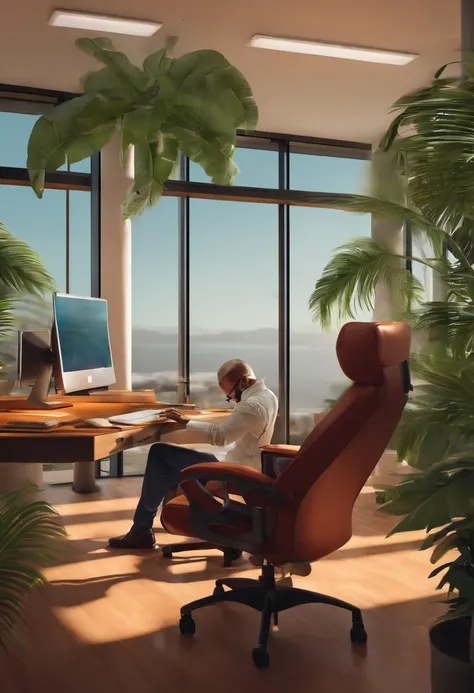 Use this chair, the person on it straightens his back, this is an office, palm trees are visible from the office. People work on computers, but they are not computers, computer desks.