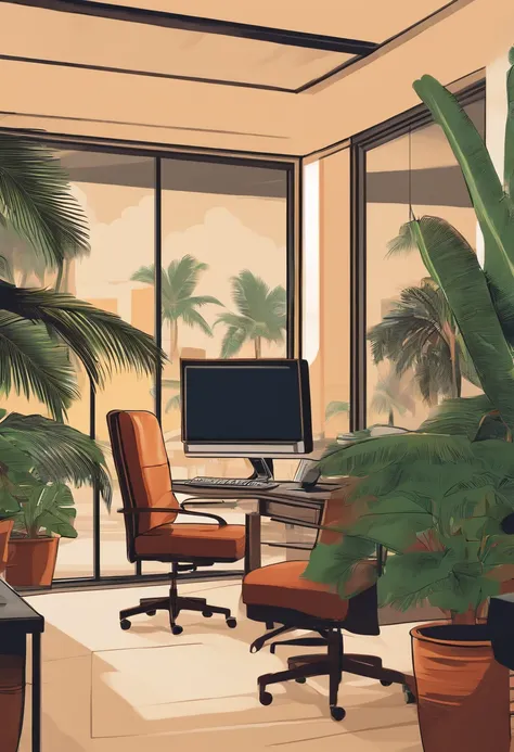 Use this chair, the person on it straightens his back, this is an office, palm trees are visible from the office. People work on computers, but they are not computers, computer desks.