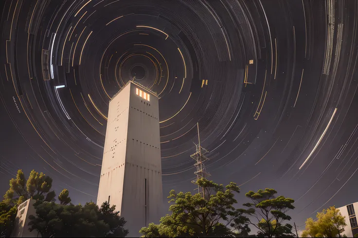 a very detailed photography of a concrete and metal tower, a metal antenna on top emits circular radio waves, hyperrealistic