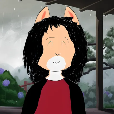 desenho animado de uma mulher com cabelo preto e orelhas de gato, Cabelos compridos humanoide Fursona, em estilo anime, retrato de personagem de mim, Retrato chovendo, inspired by Taiyō Matsumoto, raining outside, menino emo com orelhas de gato e cauda, em...