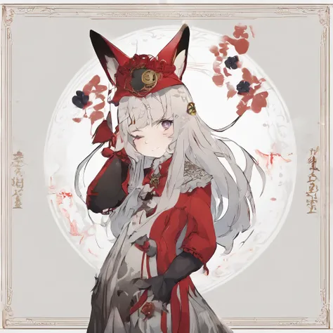 (fundo branco:1.4), (Silhouette of the head of a girl with fox ears, cabelos negros, olhos fechados, cabelos negros longos, with very elegant red coat and with pudôr, cabelo preto roupa de maga, O Deus Original), (anime illustration:1.3，japanesepopartstyle...