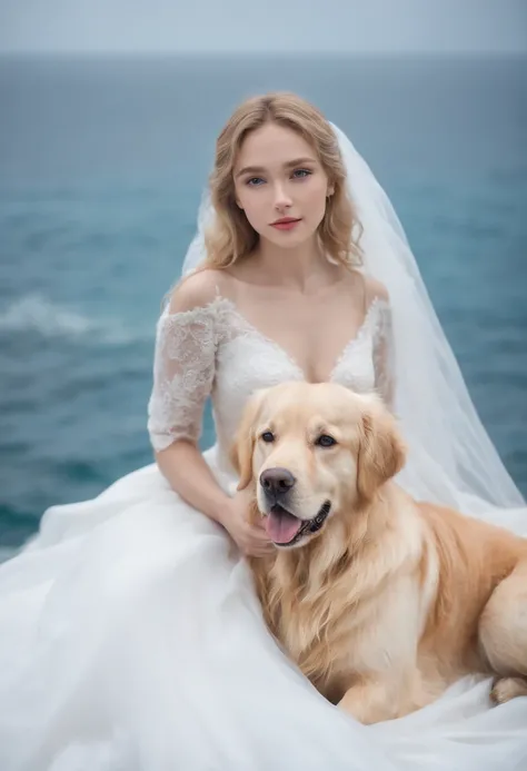 1 beutiful girl, (Realistic:1.3) Inteiroesbian body, standing photo, Stand in front of the blue sea, white wedding gown, Soft dress, blond hairbl, blue color eyes, Wavy curly hair, Master parts, The lighting is soft and blurry, sportrait, best qualityer (p...