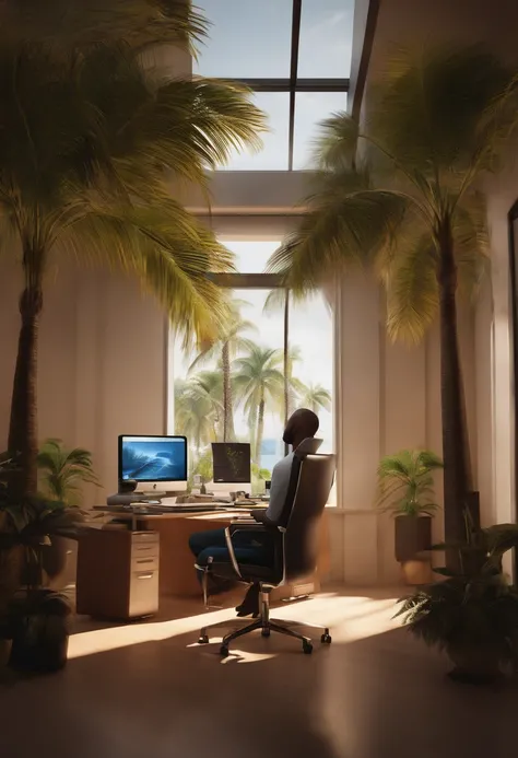 Use this chair, the person on it straightens his back, this is an office, palm trees are visible from the office. People work on computers, but they are not computers, computer desks.