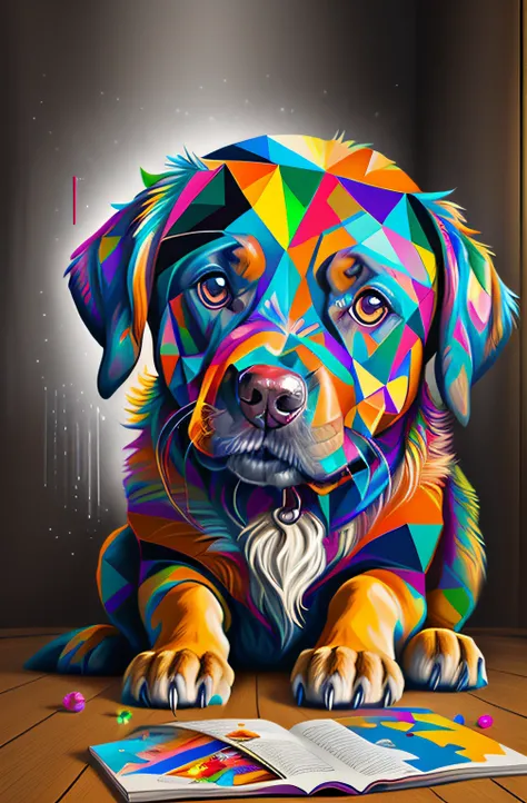 (cachorro labrador  ),(melhor pose),(best angle), (better expression), Eduardo Kobra acolchoamento ,multidimensional geometric wall PORTRAIT, arte, Chibi,
 lindo, preto e branco, livro para colorir infantil