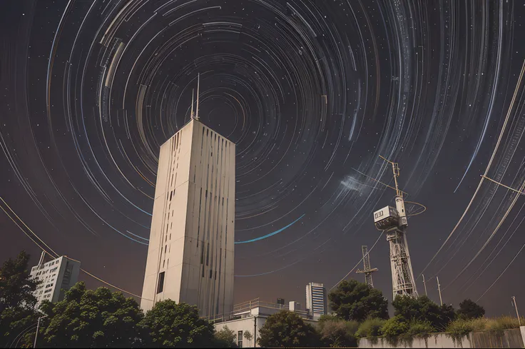 a very detailed photography of a concrete and metal tower with a metal antenna on top, radio waves emission, hyperrealistic