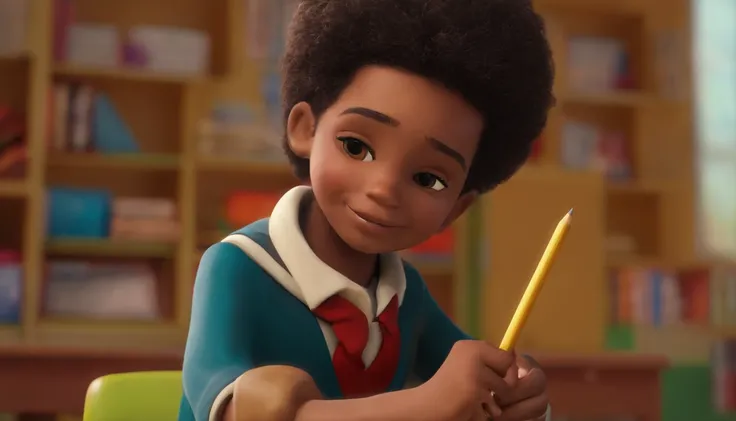 1 menino de 7 anos, smooth hair, negro, corpo inteiro, parte superior do corpo, Child dressed in school clothes, vestir, holding a pencil, olhando para o lado, feliz, Colorful school scenarios