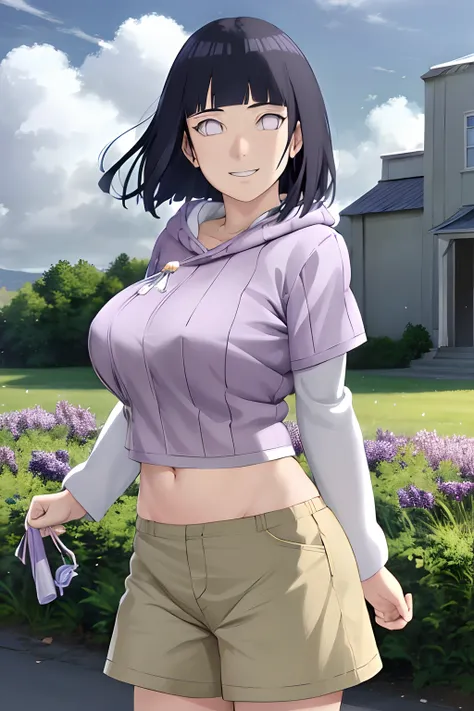 masterpiece, absurdres , (intricate details), (colorful),cinematic lighting,extremely detailed CG unity 8k wallpaper ,hinata(boruto), 1girl, solo, purple hoodie ,brown pants,  from behind,layered sleeves, cowboy shot, (huge tits), looking at viewer, smile,...