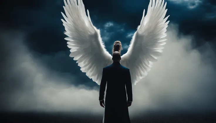 Imagine an apocalyptic scenario between good and evil, angels of light on one side and angels of darkness on the other side, travando uma luta espiritual, and a man in the middle dressed in a white blouse and light pants. ultra sharp, foto realista, with e...