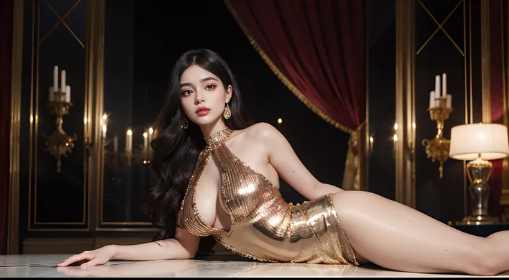 Picture a vision of opulence and glamour in the form of a stunning 20-year-old woman, donning a breathtaking rose gold sequin bodycon mini dress. She embodies the epitome of haute couture fashion, promising a world of luxury and allure. smile face look ，En...