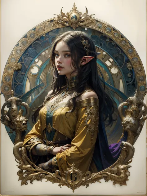 (Masterpiece, Best Quality, Highres:1.4 image of Elf woman), cowboy shot, Detailed, Intricate Details, 4K, line art, (Art Nouveau style), influence by John William Waterhouse and Alphons Mucha