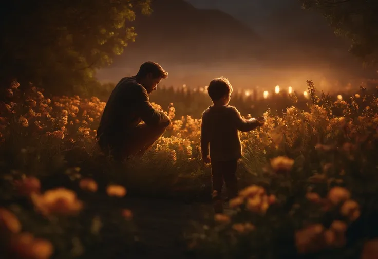 FATHER AND 5 YEAR OLD SON PLAYING, NIGHTTIME, FLOWERS, NATURE, MOONLIGHT, REALISTIC, 8K, resolution concept art portrait by CAUCASIAN, REALISTIC, detailed matte painting, deep color, fantastical, intricate detail, splash screen, complementary colors, fanta...