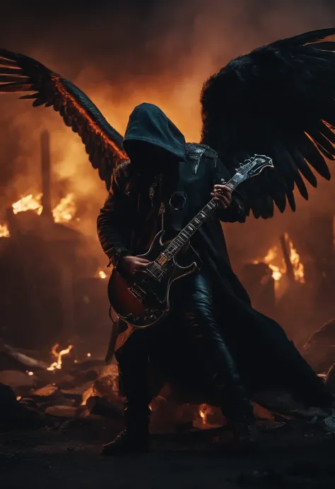 realistic, 4k, an  fallen angel with big wings, a sword, electric guitar at his hand, a hood over his head in the background image of a war (chaos)