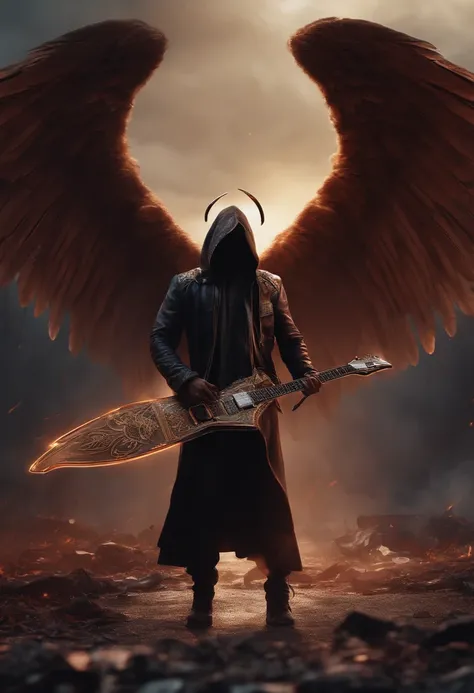 realistic, 4k, an  fallen angel with big wings, a sword, electric guitar at his hand, a hood over his head in the background image of a war (chaos)