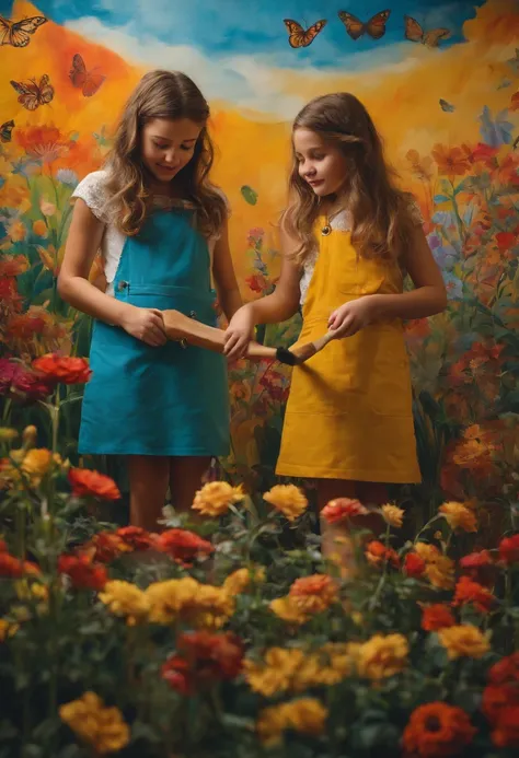 Wide-angle shot. Mary and Emily return to their butterfiy mural, paintbrushes in hand. They work side by side, sharing a close bond as they collaborate on the artwork.