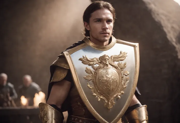 He holds a white and gold shield in his hand