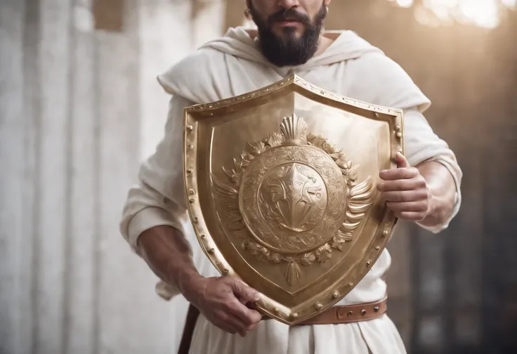 He holds a white and gold shield in his hand