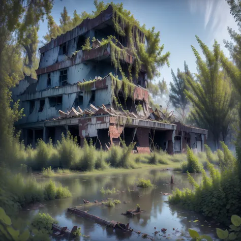 Ruined modern town turn into swamp