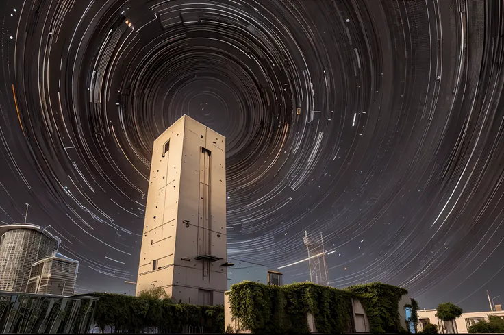 a very detailed photography of a concrete and metal tower, a metal antenna on top emits circular radio waves, hyperrealistic