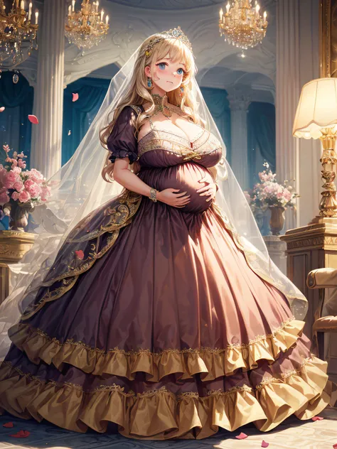 (masterpiece, best quality,extremely detailed:1.1),(moe anime art style:1.2),1girl,((full body,focus face)),((solo)), cute, kawaii,digital art,((1 bling-bling pregnant princess wearing beautiful embroidery and jeweled gorgeous princess rococo ballgown with...