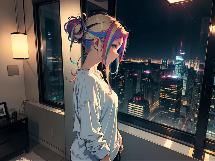 Masterpiece, high Quality, girl, hair with colorful highlights, hair tied up, comfortable clothes, wearing comfortable clothes, night, room of a high-rise building, standing looking at the window, floor to ceiling window, futuristic city, night city, moder...