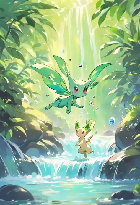 mew e celebi passeando em uma cachoeira