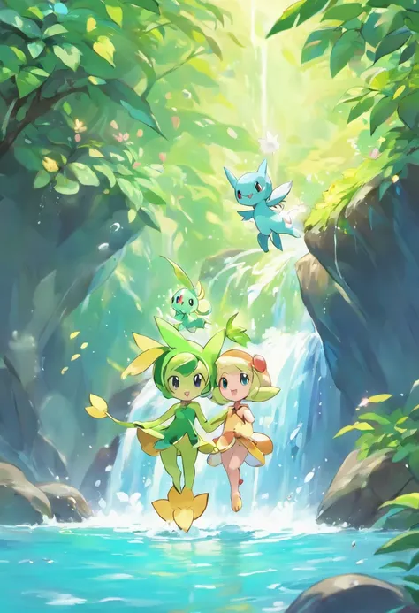 mew e celebi passeando em uma cachoeira