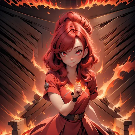 a girl, red hair, glowing red eyes, red dress, fire effects