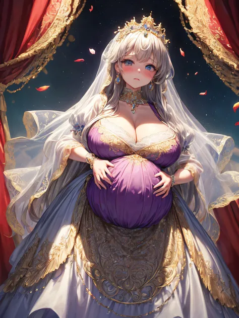 (masterpiece, best quality,extremely detailed:1.1),(moe anime art style:1.2),1girl,((full body,focus face)),((solo)), cute, kawaii,digital art,((1 bling-bling pregnant princess wearing beautiful embroidery and jeweled gorgeous princess rococo ballgown with...