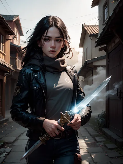 "Mystic Bandit": Sombrio e misterioso, black hair a skilled thief with supernatural abilities and a hidden past, vestindo um manto de sombras, olhos brilhando com poder arcano, Holding an enchanted blade, surrounded by ethereal mist, esgueirando-se pelas r...