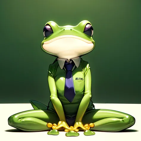 Drawing of a frog sitting on the ground with its legs crossed, frog, portrait of a frog, frog perspective, illustratio, shape of frogs,  Hand drawn illustration, froggy,Simple illustration, froggy、3D Art、Beautiful picture、hated、caps、Frog in tie、Red pupil