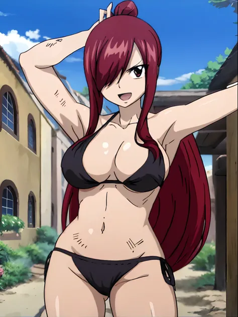 masterpiece, anime style, beach, best quality, highres, fairy tail, 1girl, long hair, ponytail, reddish hair, (bang cover one eye, one hidden eye, brown eye), large breasts, collarbone, midriff, black bikini, standing, outdoors, smile, open mouth, emo hair...