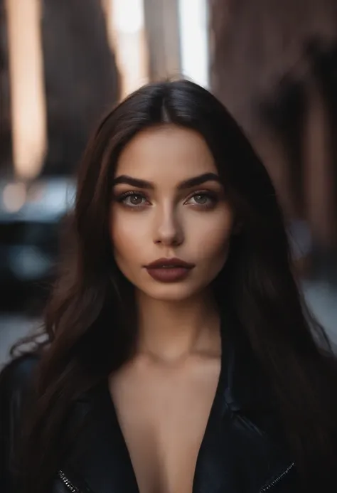 arafed woman with black clothes, sexy girl with brown eyes, portrait sophie mudd, black hair and large eyes, selfie of a young woman, violet myers, without makeup, natural makeup, looking directly at the camera, face with artgram, subtle makeup, stunning u...