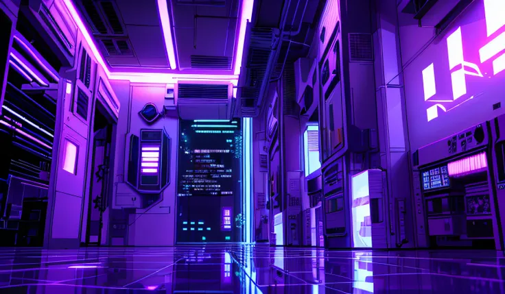 inside a building in a cyberpunk city, futurista, reflective marble floor, maquinas de doces e refrigerantes, luz neon no teto