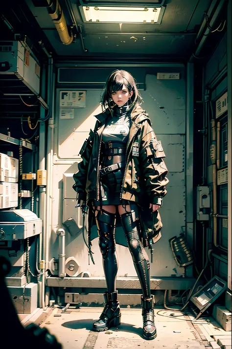 Realistic photography, cinematography, Cyberpunk 1 girl, Tokyo, concept art, full body, (masterpiece:1.2), (best quality:1.3), 1girl, standing, punk dark/Gold, techwear clothing girl, futuristic cyberpunk city, dark environment with fog, fog, matrix style,...