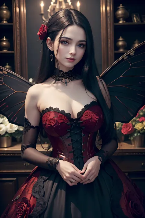 high details, best quality, 16k, RAW, [best detailed], masterpiece, best quality, (extremely detailed), full body, ultra wide shot, photorealistic, dark fantasy art, goth art, RPG art, D&D art, a picture of a dark female fairy showing flowers in a florist ...