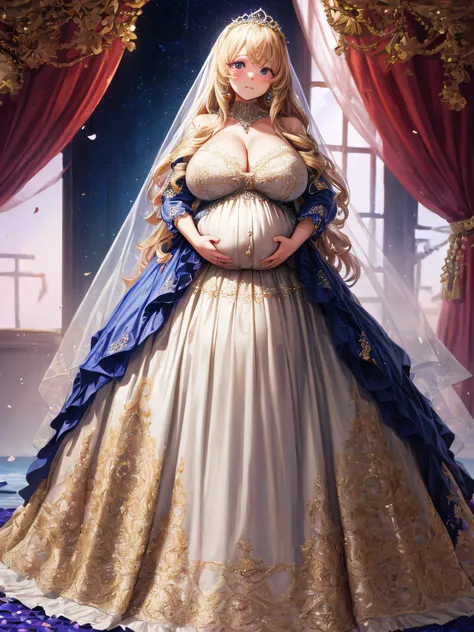 (masterpiece, best quality,extremely detailed:1.1),(moe anime art style:1.2),1girl,((full body,focus face)),((solo)), cute, kawaii,digital art,((1 bling-bling pregnant princess wearing beautiful embroidery and jeweled gorgeous rococo ballgown with jeweled ...