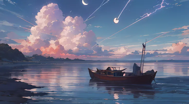 painting of a beach with a boat in the distance and clouds in the sky, blue sea. by makoto shinkai, makoto shinkai. —h 2160, style of makoto shinkai, detailed scenery —width 672, reflections. by makoto shinkai, in style of makoto shinkai, anime beautiful p...