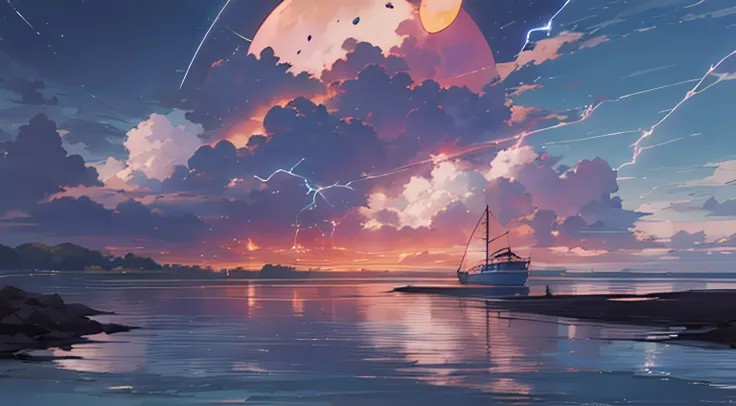 painting of a beach with a boat in the distance and clouds in the sky, blue sea. by makoto shinkai, makoto shinkai. —h 2160, style of makoto shinkai, detailed scenery —width 672, reflections. by makoto shinkai, in style of makoto shinkai, anime beautiful p...