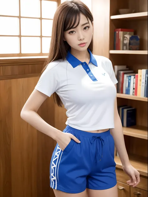 Best quality, Masterpiece, 超高分辨率, RAW photo, (Photorealistic:1.4), 1girll, Detailed face, Cowboy shot, In (White shirt with blue collar, Blue sport shorts),Large breasts,Unbuttoned clothes,cleavage,(Narrow waist:1.2), Long hair, In the library, Bokeh, Beau...