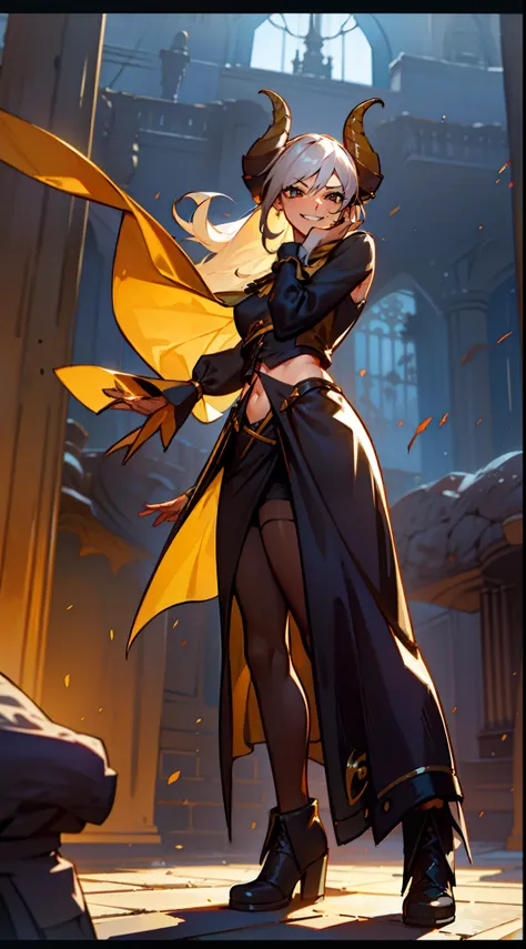 girl, tall,brown skin, hidden arms,long hair, white hair,curly hair, detailed pretty eyes, yellow eyes,(((villain, psycho,  villain smile, psychopath, ))), medium boobs, mid waist,show belly, medium thighs, gold dress, long black stockings, detailed clothe...