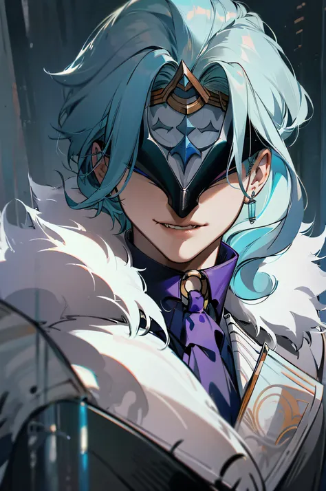 dottore, 1boy, eye mask, light blue hair, fur-trimmed coat, male focus, blood on clothes, blood, solo, detailed face, looking at viewer, potrait, upper body, dark, night, moon, forest, (masterpiece:1.2, best quality)