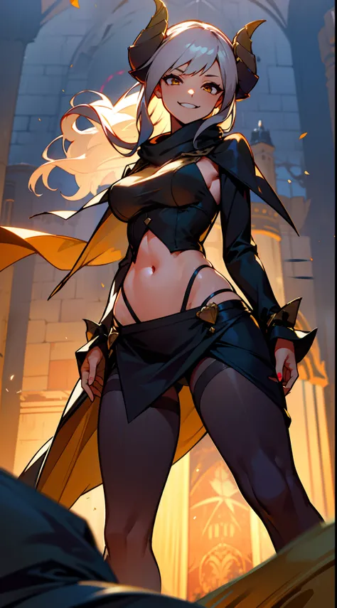 girl,brown skin, hidden arms,long hair, white hair,curly hair, detailed pretty eyes, yellow eyes,(((villain, psycho,  villain smile, psychopath, ))), medium boobs, mid waist,show belly, medium thighs, gold dress, long black stockings, detailed clothes, mas...